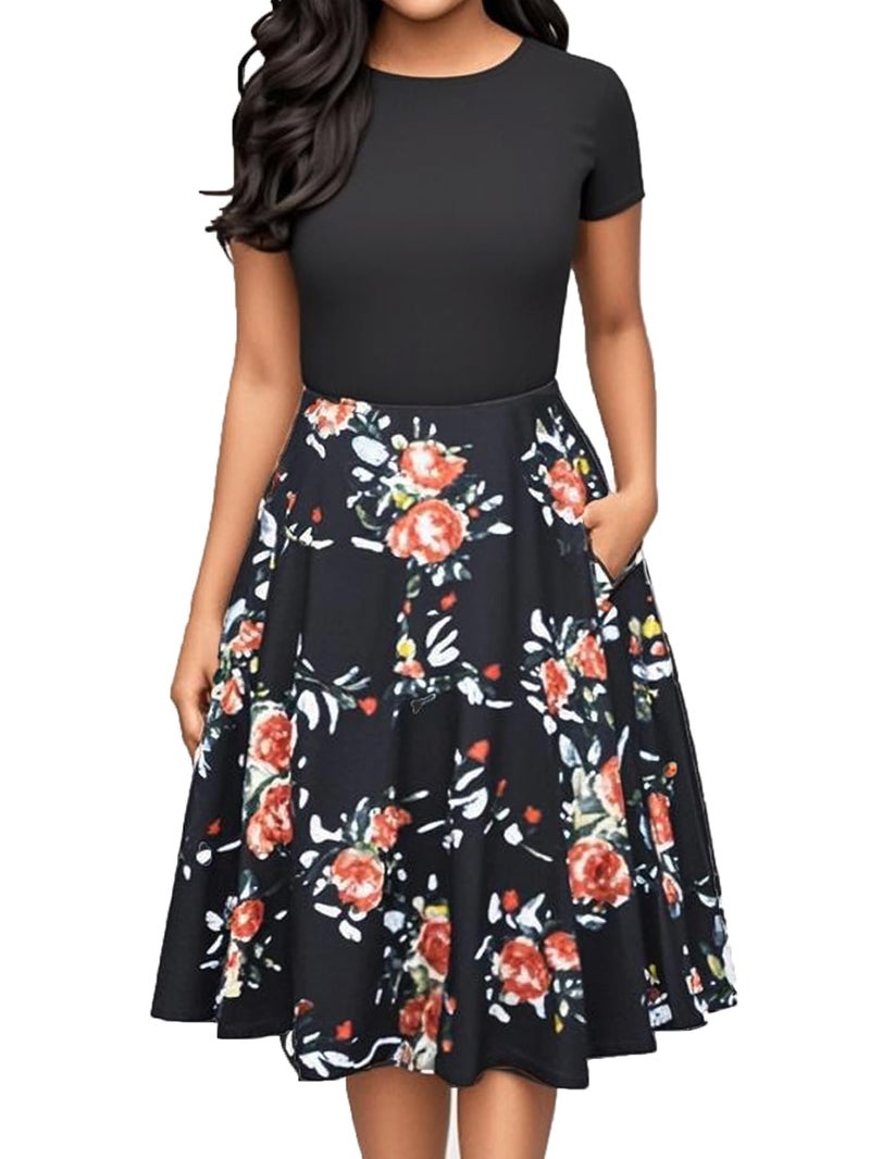 oxiuly Women's Vintage Round Neck Floral Casual Pockets Tunic Party Cocktail Cotton Blend A-Line Summer Dress OX262 (S, Black White FPT) - Image 1